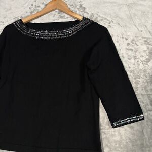 SML Design Silk Blend Black Sequin Top Shimmer Collar 3/4 Sleeve Luxe Medium